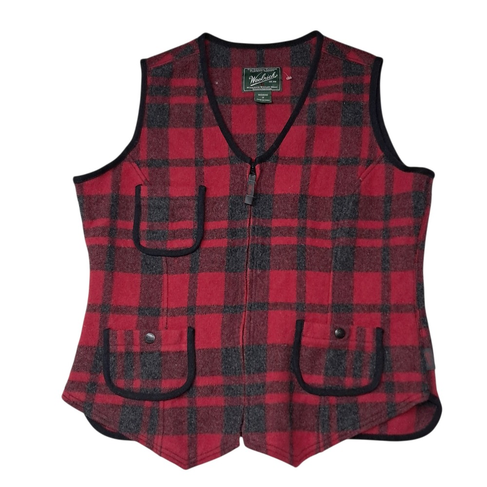 Vintage Woolrich Vest Women's Medium Red Black‎ Wool Buffalo Plaid Zip Up Cabin
